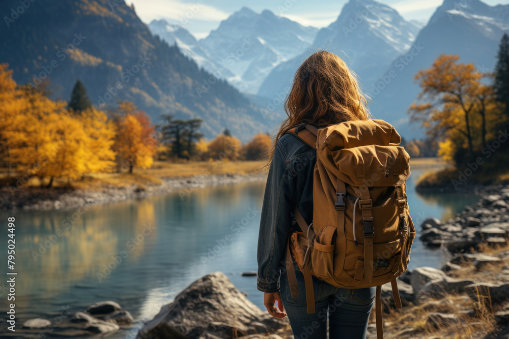 A woman travels in the mountains with a backpack.
