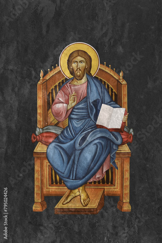 Christian traditional image of the Jesus Christ Bishop. Religious illustration on black stone wall background in Byzantine style
