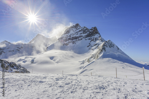 Landscape Views From Jungfrau Mountain Range And View Of The Large Aletsch Glacier Under Clear Sky, Switzerland
