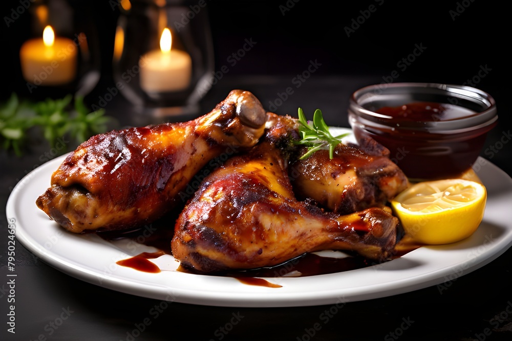 juicy grilled roasted chicken legs served with barbecue sauce and lemon on a white plate juicy grilled roasted chicken legs served with barbecue sauce and lemon on a white plate