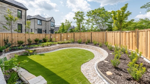 Newly installed wooden fence enclosing lush green lawn with verdant trees in the background