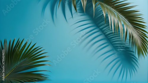 palm tree leaves on blue background, AI generated