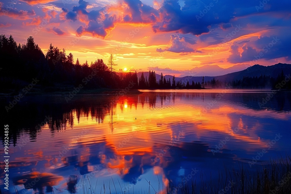 The lake reflects the colors of the sunset.
