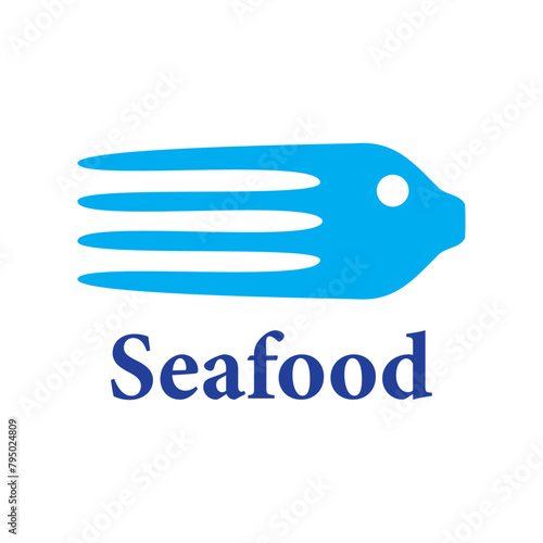 Logo restaurante de mariscos. Palabra Seafood con combinación de silueta de tenedor y cabeza de pescado