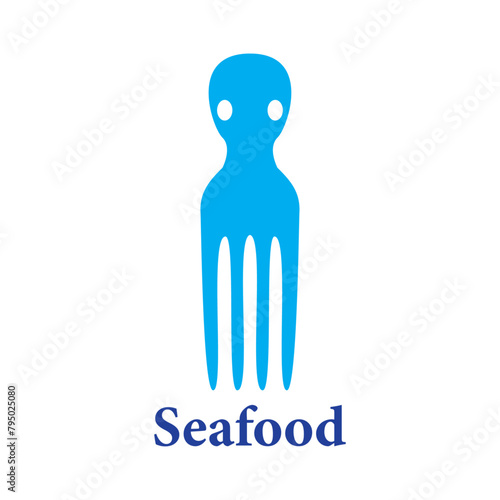 Logo restaurante de mariscos. Palabra Seafood con combinación de silueta de tenedor y tentáculos de pulpo o calamar