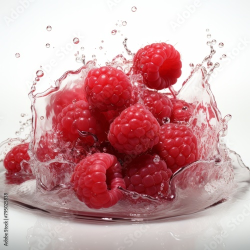 Juicy raspberries in flight with splashes, bright and ripe. Captured in high resolution, on a white background.