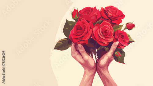 Fototapeta Naklejka Na Ścianę i Meble -  Female hands with bouquet of beautiful red roses on w