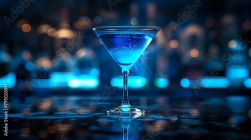 A detailed illustration of a glowing blue cocktail in a martini glass