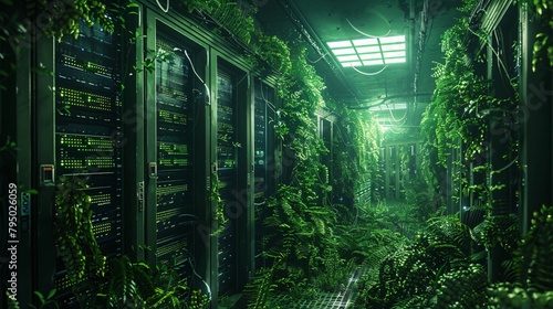 An old data center overgrown with plants