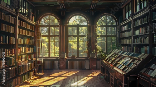 A serene library scene with sunlight streaming through tall windows  highlighting rows of books neatly arranged on shelves  inviting readers to explore new worlds