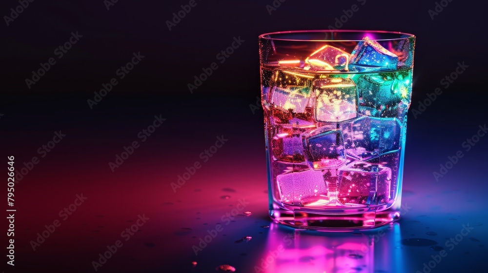 Rainbow colored ice cubes in a clear glass with a dark background
