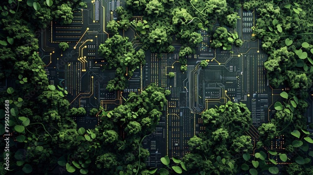 Computer circuit board with trees and plants growing on it like a forest Computer circuit board with trees and plants growing on it like a forest