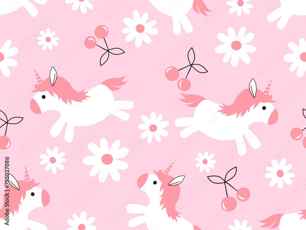 Obraz premium Seamless pattern with cute unicorn, daisy flower and cherry fruit on pink background vector. Cute childish print.