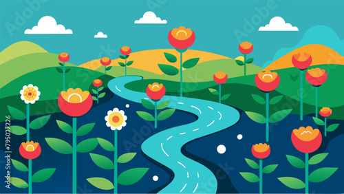 A field of blooming flowers each representing a different passive income stream all converging towards a river of consistent earnings.