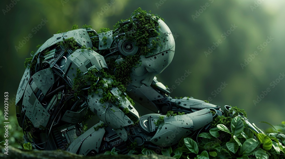 robot covered in moss and vines robot covered in moss and vines