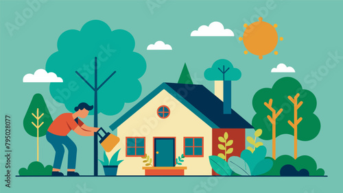 An individual planting shade trees around their home to naturally cool the house and reduce the need for air conditioning resulting in lower