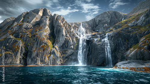 Panoramic view of beautiful waterfall on the Disco 