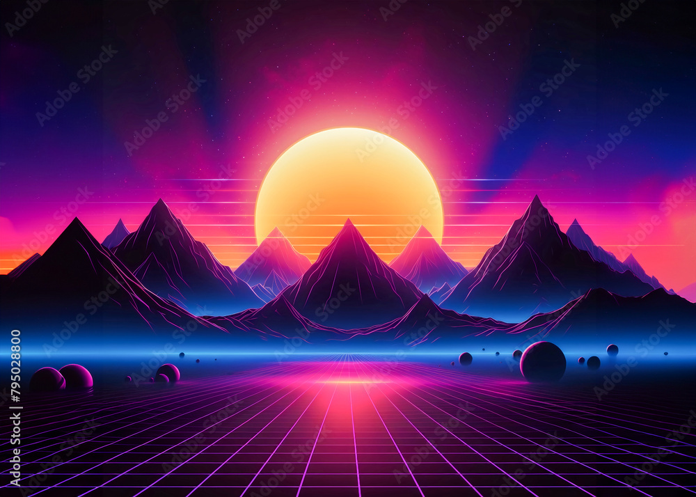 Retro landscape skyline with neon ,ray of light, grid, sunset and mountains. Sci-fi, futuristic illustration. Retrowave, synthwave or vaporwave 80's  90's. Geomteric and nostalgic graphic design.