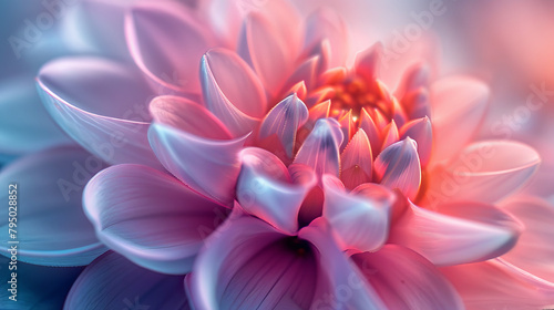 A close up of a pink flower with a blue background