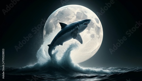 A great white shark jumps out of the water with a full moon in the background.