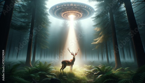 A deer stands in a clearing in the forest as an alien spaceship hovers above it.