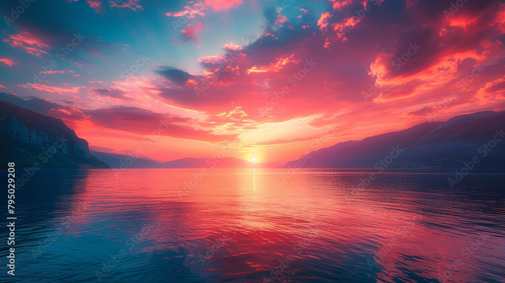 A beautiful sunset over a calm lake with a mountain in the background