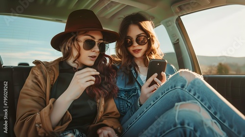 Girlfriends look at mobile phone recline over car photo