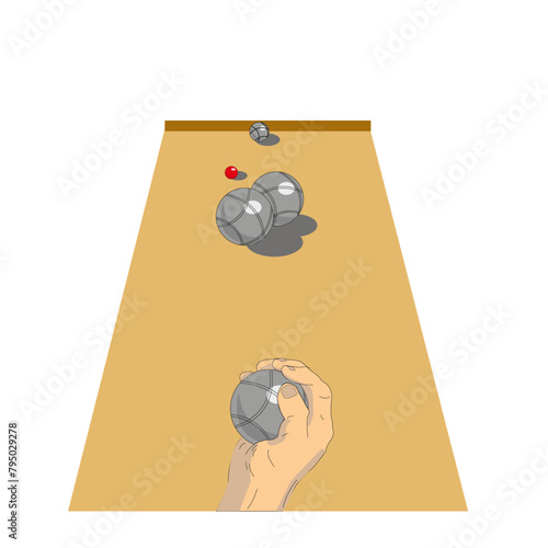 Terrain de pétanques avec boules,  et main tenant une boule