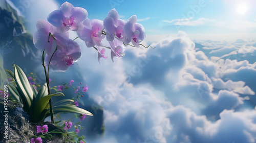 A beautiful orchid flower growing on a rock in the clouds.