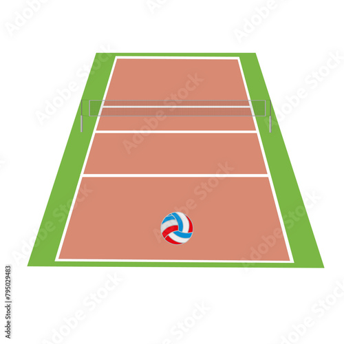 Terrain de volley-ball avec filet et ballon, vue en perspective