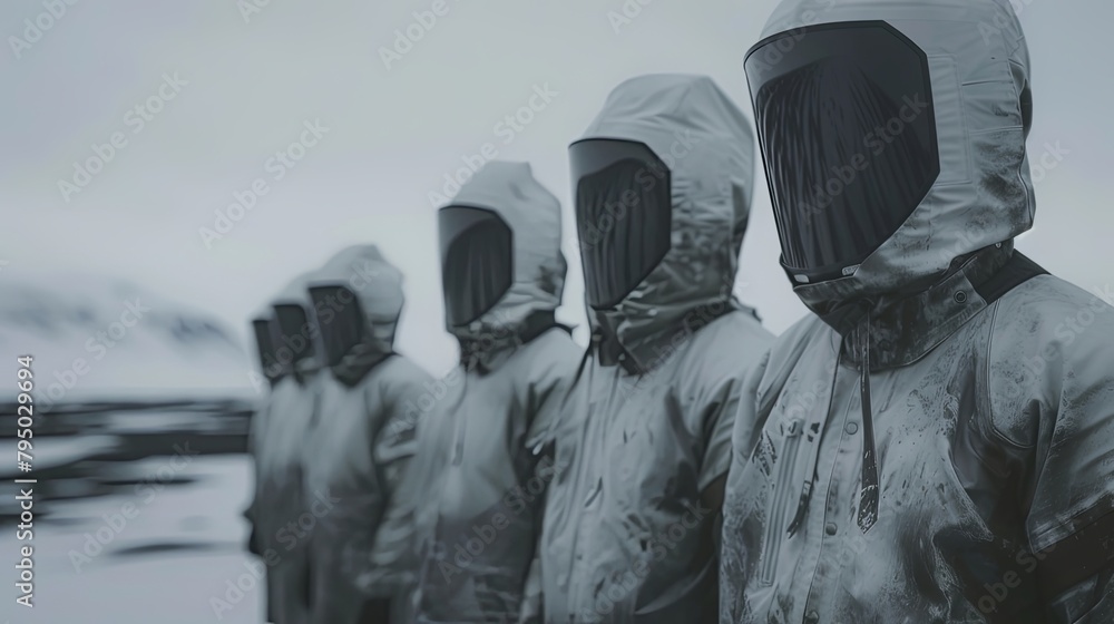 Fototapeta premium A group of scientists in protective gear stand on a glacier.