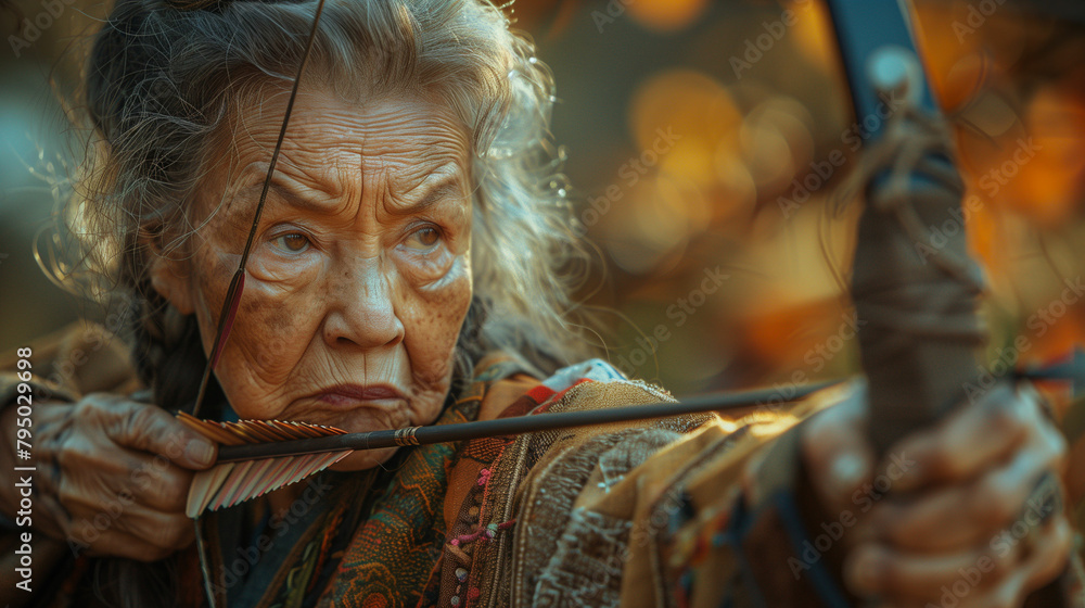 Elderly woman holding bow and arrow. Generative AI