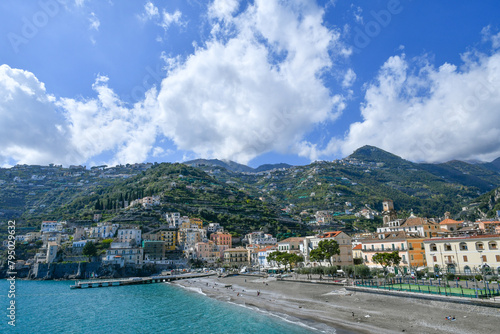 Fototapeta Naklejka Na Ścianę i Meble -  The beach of a town on the Amalfi coast in Italy.