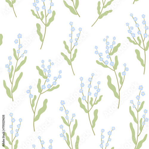 Sprigs with blue flowers. Cute vector seamless pattern with spring plants. Hand drawn floral texture on white background