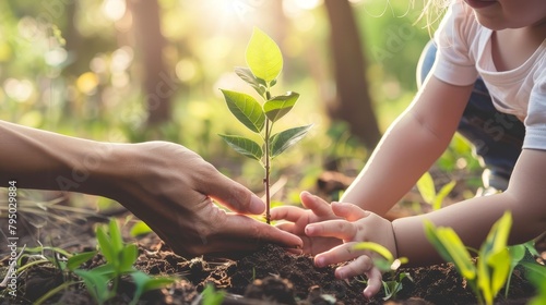 planting tree with child, environmental education, parent and child gardening, growing plant, nurturing nature, helping hands with plant, child learning about plants, sustainability concept photo