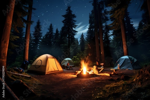 A serene campsite in the woods with tents pitched, a crackling campfire, and stars above.