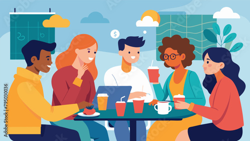 A group of friends sit in a coffee shop discussing their financial struggles and sharing tips and resources to help each other get through a