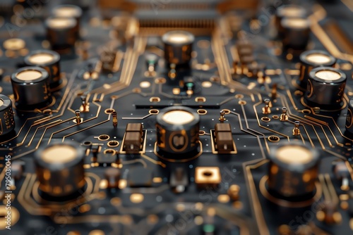 Closeup of a circuit board with intricate pathways Illustrating the complexity and miniaturization in electronics manufacturing