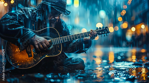 Street musician playing the guitar in a rainy city at night photo