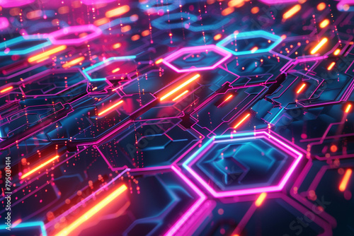 Dynamic digital background  featuring futuristic hexagons and vibrant neon connectivity in an advanced network