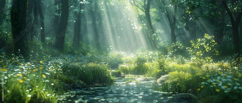 Tranquil Forest Glade: Sunlit Brook, Lush Greenery, and Melodic Birdsong. Concept Nature Photography, Forest Scenes, Tranquility, Outdoor Portraits, Birdwatching Tranquil Forest Glade: Sunlit Brook, Lush Greenery, and Melodic Birdsong. Concept Nature Photography, Forest Scenes, Tranquility, Outdoor Portraits, Birdwatching