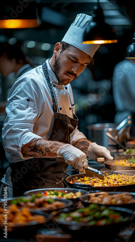 A chef preparing food in a restaurant kitchen. Generative AI