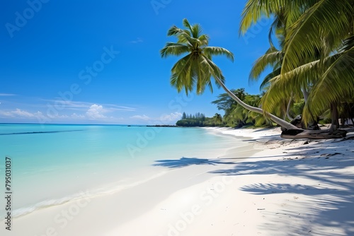 A serene beach scene with white sand, clear blue waters, and people enjoying various beach activities.