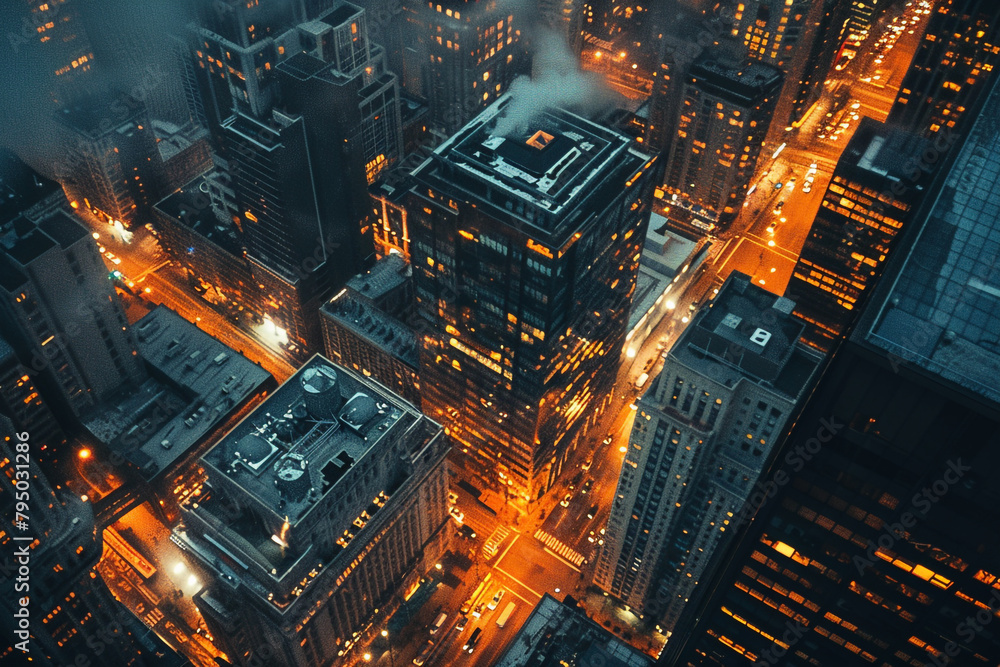 Dynamic market trends, commercial real estate focus, dawn light, diagonal view, urban economic landscape Dynamic market trends, commercial real estate focus, dawn light, diagonal view, urban economic landscape