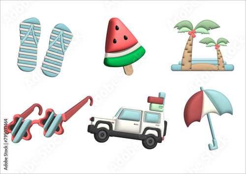 3D Summer concept with flip flops, ice cream, watermelon, the beach sea, coconut tree, sand, sunglasses, fashion, umbrella, colourful, car, travel, tourism, vacation PNG file