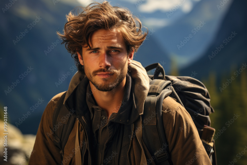 A man travels in the mountains with a backpack. A man travels in the mountains with a backpack.