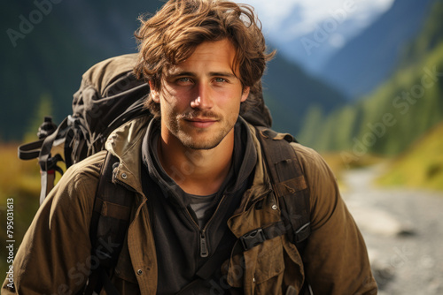 A man travels in the mountains with a backpack.
