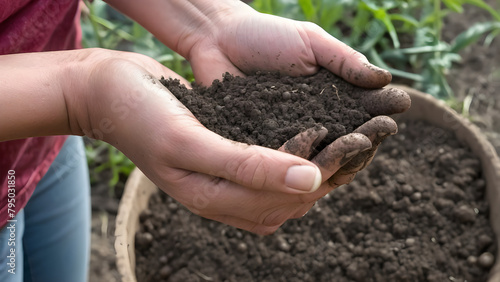 person's hand holding a soil and plant, eco-friendly concept background, AI generated