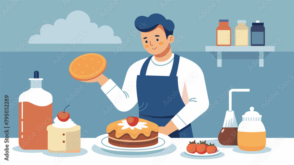 A baker carefully measures out a precise amount of artisanal vanilla extract from a rustic ceramic bottle while a fragrant apple pie bakes in the. A baker carefully measures out a precise amount of artisanal vanilla extract from a rustic ceramic bottle while a fragrant apple pie bakes in the.