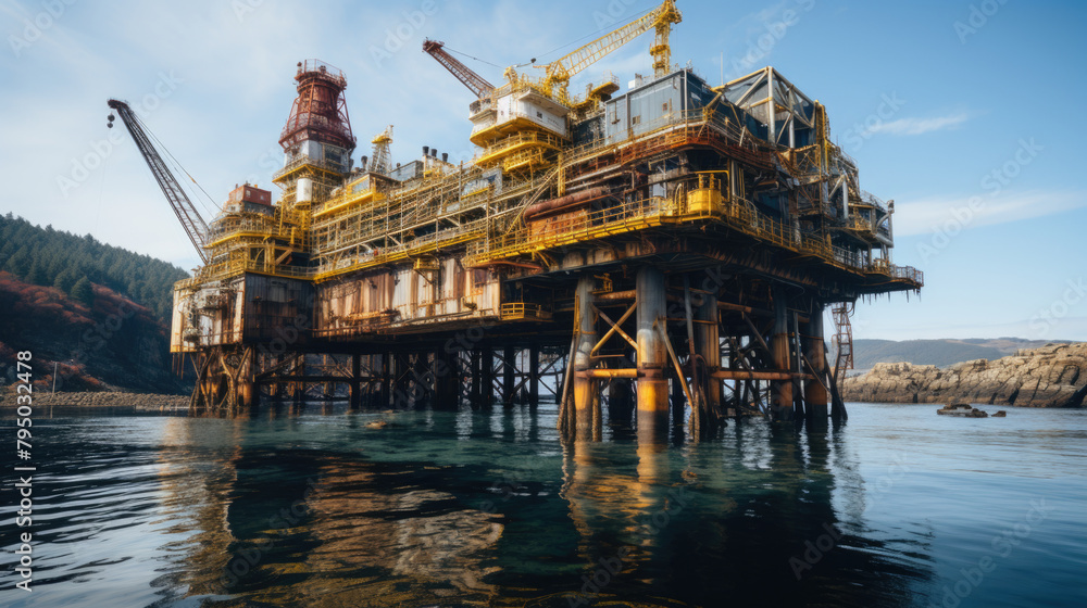 Fototapeta premium Oil and gas platform in the gulf or the sea, The world energy, Offshore oil and rig construction.